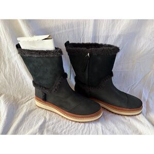 TOMS NWT Women's Makenna Mid Calf Leather & Faux Fur Boots Black Rare Size 10